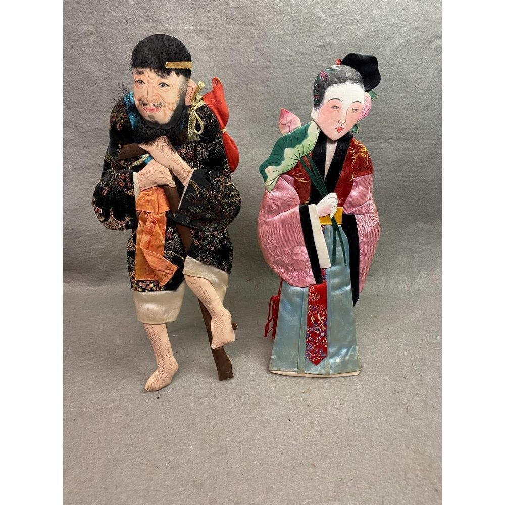 VTG 12" SILK ON CARDBOARD‎ CHINESE IMMORTAL DOLLS (2) HO HSEIN KU & LI TIEN KUAI